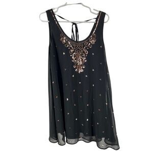 Entro black guilded neckline mini dress copper rose gold sequin party dance M